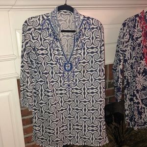 Barbara Gerwit, EUC beaded cotton voile tunic, M, navy and white